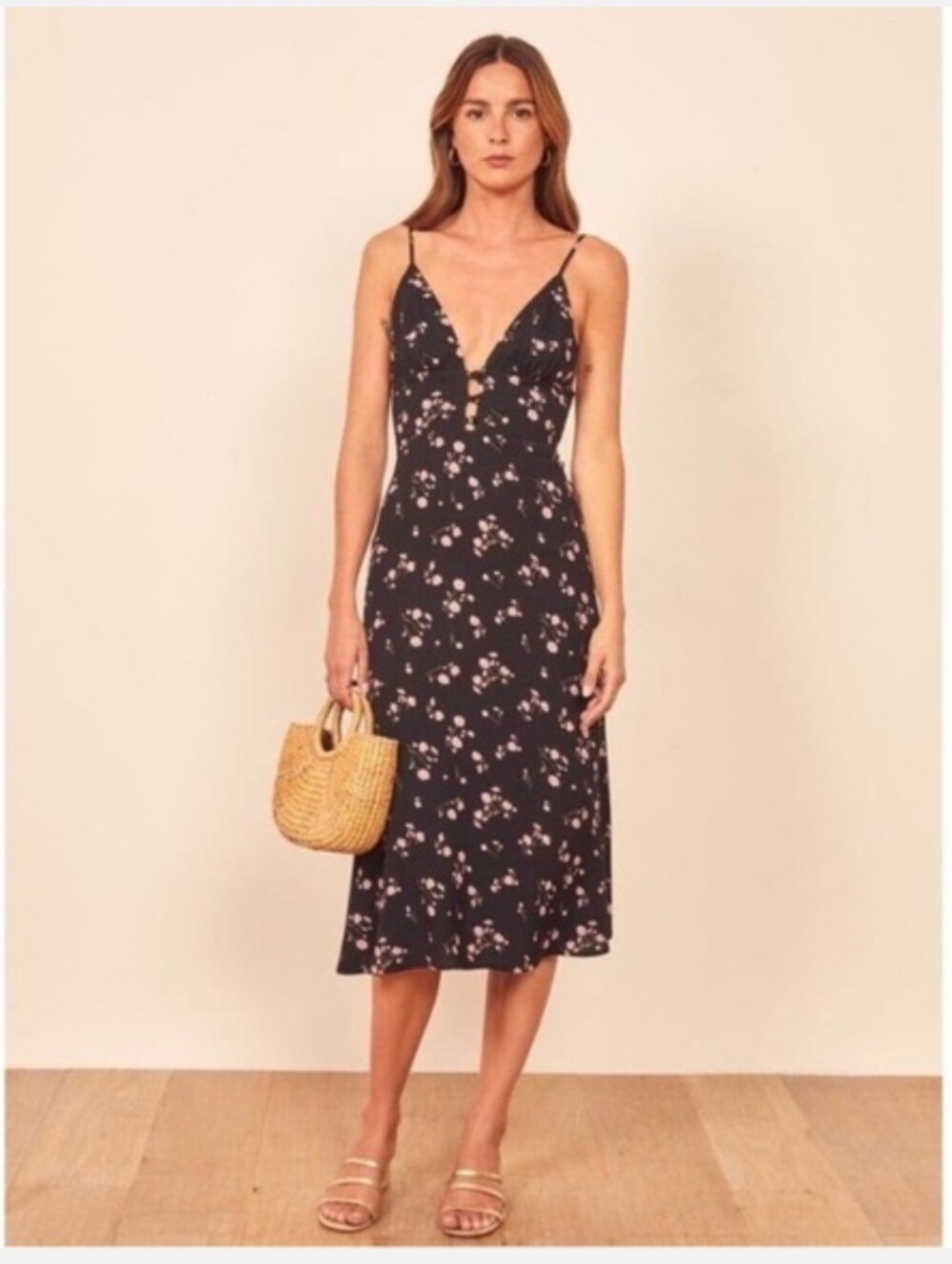 Reformation Montague Ensenada Black Pink Floral Party Midi Summer Dress Size 8